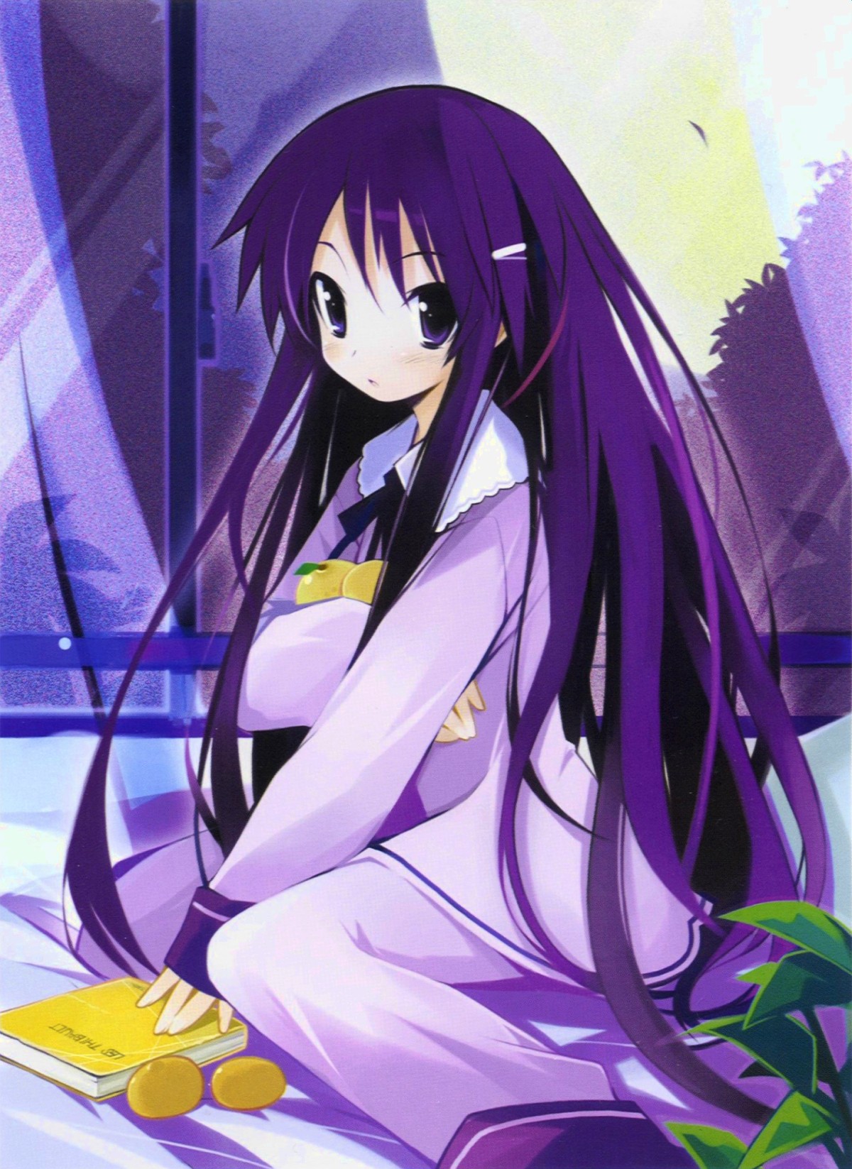 yamamoto keiji, akiba rika, hanbun no tsuki ga noboru sora, highres, 00s, 1girl, bed, blue eyes, blue hair, book, female focus, food, fruit, hair ornament, hairclip, leaf, long hair, mandarin orange, matching hair/eyes, pajamas, purple eyes, purple hair, sitting, solo, window