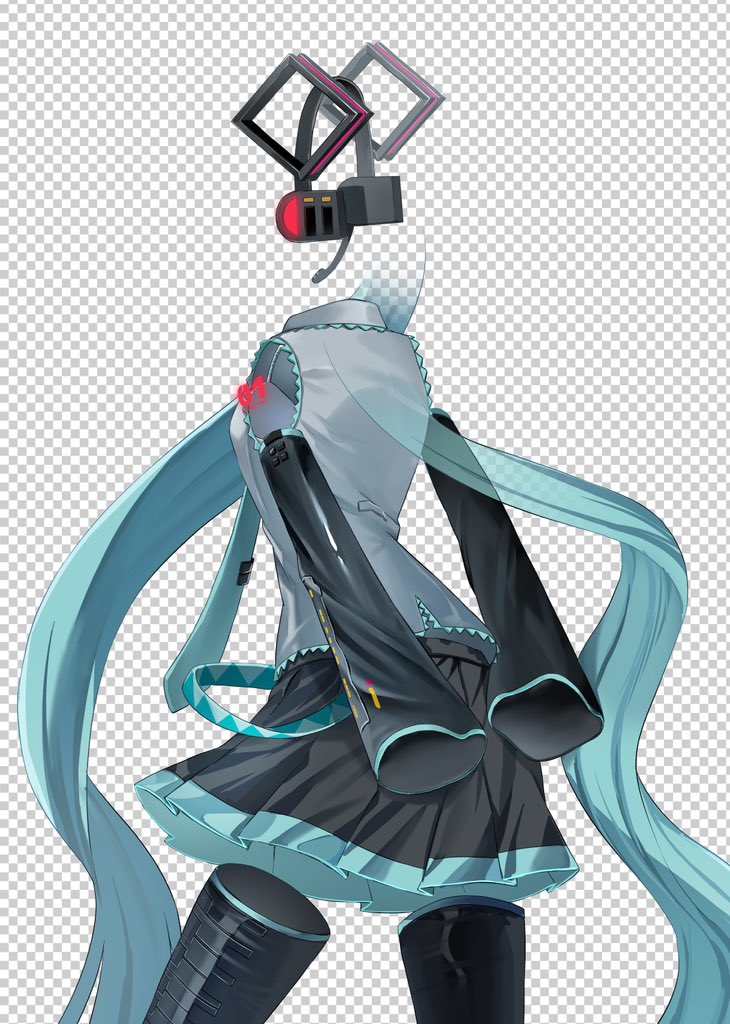 2funma2, hatsune miku, vocaloid, hashtag-only commentary, aqua hair, black boots, black skirt, boots, detached sleeves, fake transparency, from side, headset, long hair, number tattoo, pleated skirt, see-through body, shirt, shoulder tattoo, skirt, sleeveless, sleeveless shirt, tattoo, thigh boots, twintails