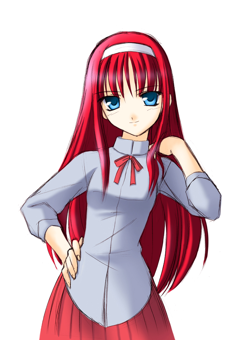 norizou type-r, tohno akiha, toono akiha, vermillion akiha, tsukihime, 00s, blue eyes, hairband, red hair, ribbon, sketch, solo