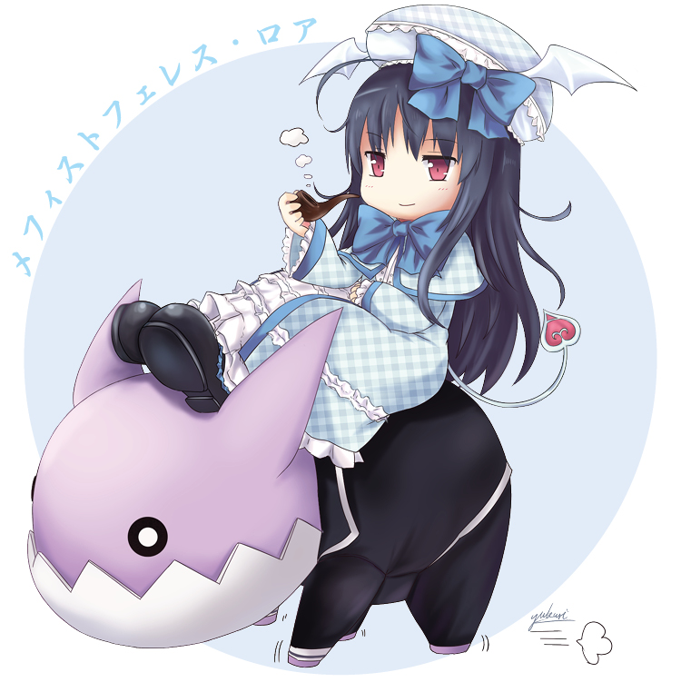 yukuri, mephistopheles lore, emil chronicle online, 1girl, artist name, black boots, black hair, black suit, blue capelet, blue jacket, blue necktie, blue ribbon, boots, capelet, character name, checkered capelet, checkered clothes, checkered jacket, chibi, dress, familiar, formal clothes, frilled dress, frilled hat, frills, hair ribbon, hat, heart, heart tail, holding, holding smoking pipe, jacket, long hair, necktie, red eyes, ribbon, riding, riding animal, signature, smoking pipe, suit, tail, unkempt, white dress, white hat, winged hat