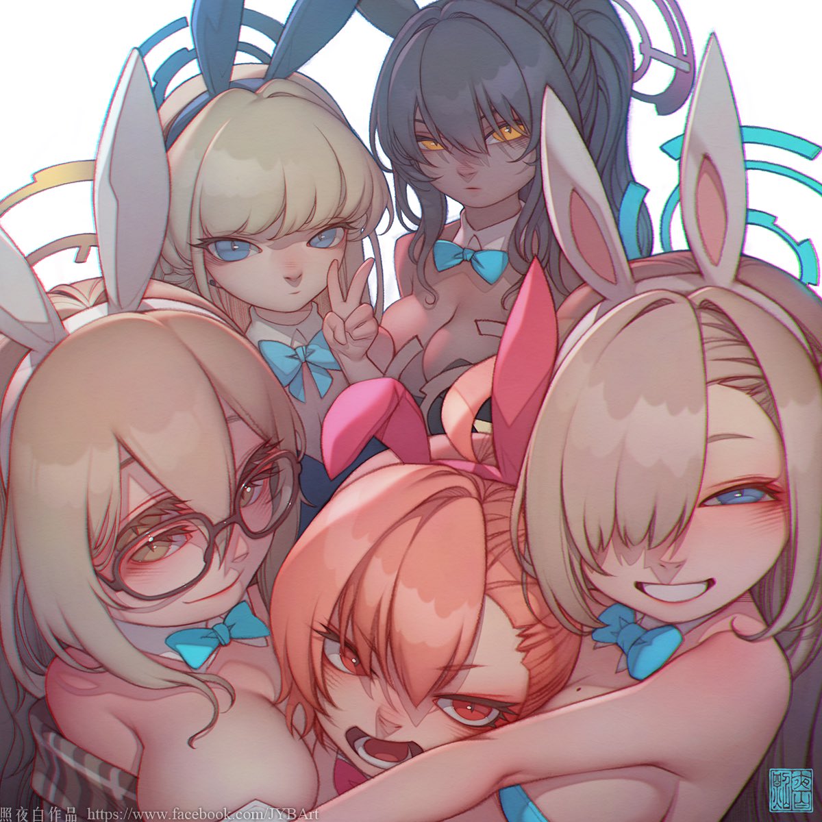 zhaoyebai, akane (blue archive), akane (bunny) (blue archive), asuna (blue archive), asuna (bunny) (blue archive), karin (blue archive), karin (bunny) (blue archive), neru (blue archive), neru (bunny) (blue archive), toki (blue archive), toki (bunny) (blue archive), blue archive, highres, 5girls, animal ears, bare arms, bare shoulders, black hair, blonde hair, blue bow, blue bowtie, blue eyes, blue halo, blue leotard, blush, bow, bowtie, breasts, brown eyes, brown shawl, bunny day, closed mouth, dark-skinned female, dark skin, detached collar, expressionless, facebook username, fake animal ears, forced hug, glasses, grin, group hug, hair between eyes, halo, hug, hug from behind, large breasts, leotard, long hair, looking at viewer, mole, mole on breast, multiple girls, orange hair, plaid clothes, plaid shawl, playboy bunny, purple halo, rabbit ears, red eyes, shawl, signature, simple background, smile, v, watermark, web address, white background, white leotard, yellow eyes, yellow halo