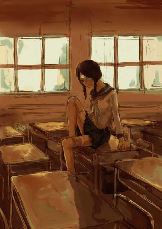 santouhei (3tohei), kobushi abiru, sayonara zetsubou sensei, 00s, arms at sides, bandages, braid, brown theme, classroom, desk, eyepatch, indoors, miniskirt, school, school desk, school uniform, serafuku, sitting, skirt, solo, twin braids