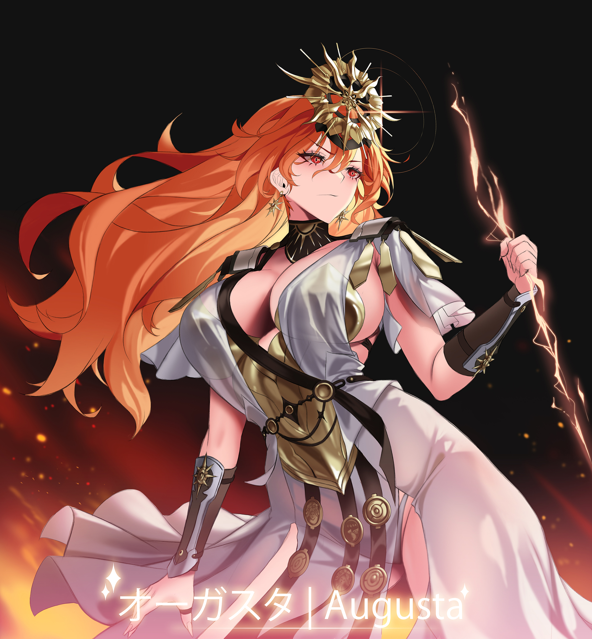 mad kimo, augusta (wuthering waves), wuthering waves, commentary, highres, 1girl, ancient greek clothes, arm armor, armor, black collar, breastplate, breasts, character name, closed mouth, collar, dress, earrings, greco-roman clothes, hair between eyes, headgear, holding, jewelry, large breasts, long hair, looking ahead, orange hair, red eyes, solo, sun earrings, thighs, white dress