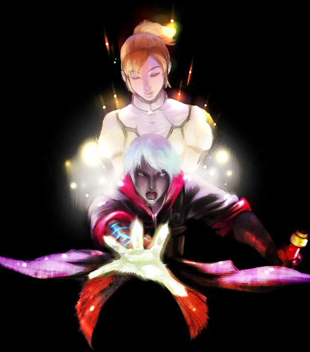 4hands, kyrie (devil may cry), nero (devil may cry), capcom, devil may cry, devil may cry (series), devil may cry 4, silver hair, 00s, 1boy, 1girl, blue eyes, brown hair, closed eyes, devil bringer, open mouth, red queen (sword), sword, weapon