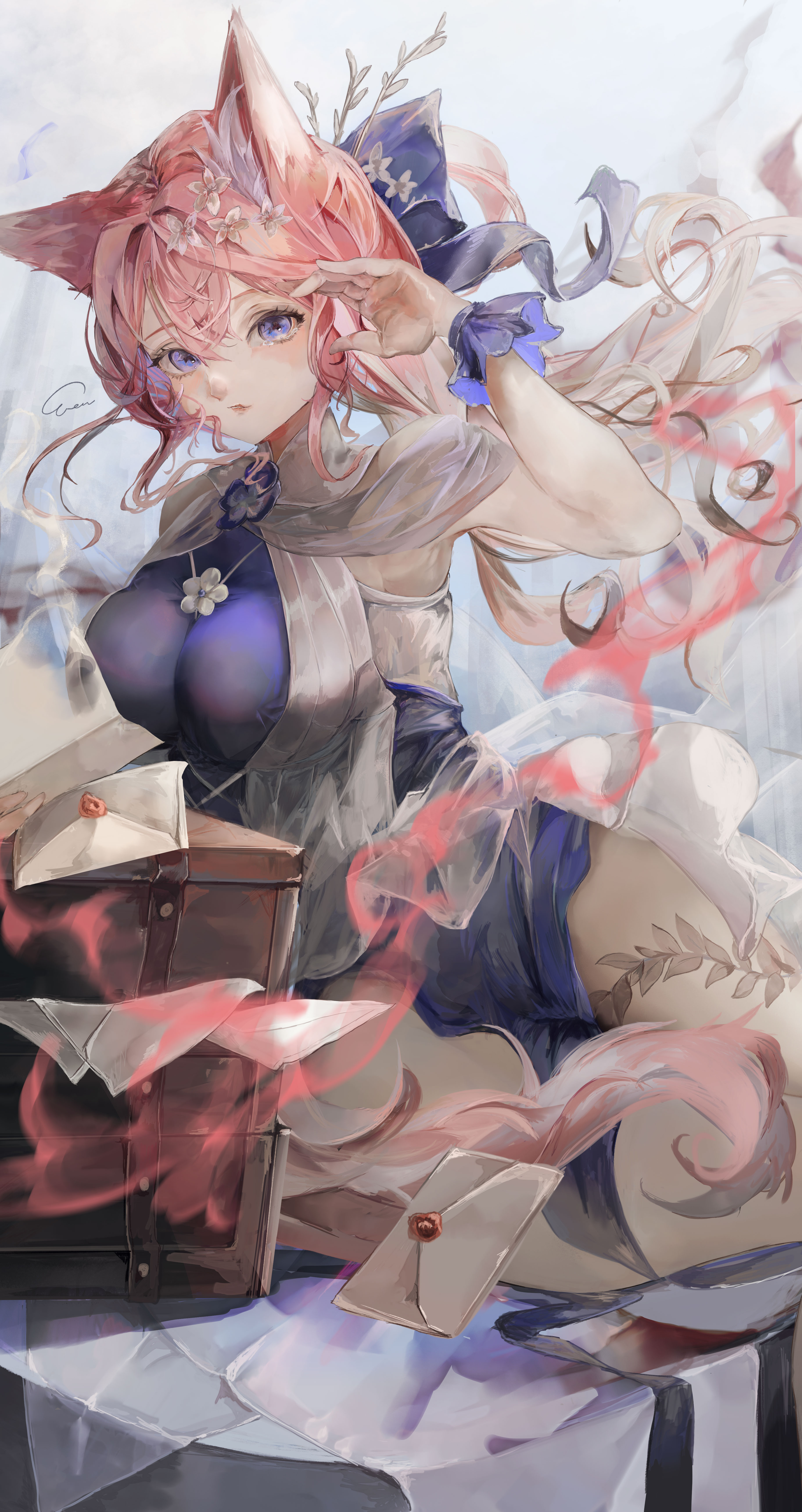 vea (v ea ), heidi (a thousand correspondences) (arknights), heidi (arknights), arknights, absurdres, highres, 1girl, animal ear fluff, animal ears, blue bow, blue dress, blue eyes, blue ribbon, blue scrunchie, bow, breasts, cat ears, cat girl, cat tail, dress, eyelashes, flower, flower necklace, frills, hair between eyes, hair flower, hair ornament, hair ribbon, jewelry, large breasts, long hair, looking at viewer, mail, necklace, official alternate costume, parted lips, pink hair, ribbon, scrunchie, sitting, skirt, sleeveless, sleeveless dress, solo, tail, tears, white dress, wrist scrunchie