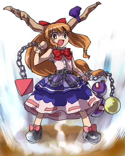 hirosato, ibuki suika, touhou, lowres, 1girl, female focus, full body, horns, solo, standing