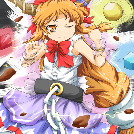 konata gazel, nanatsuhane, ibuki suika, touhou, 1girl, belt, chain, fang, female focus, horns, one eye closed, orange eyes, orange hair, solo, wink