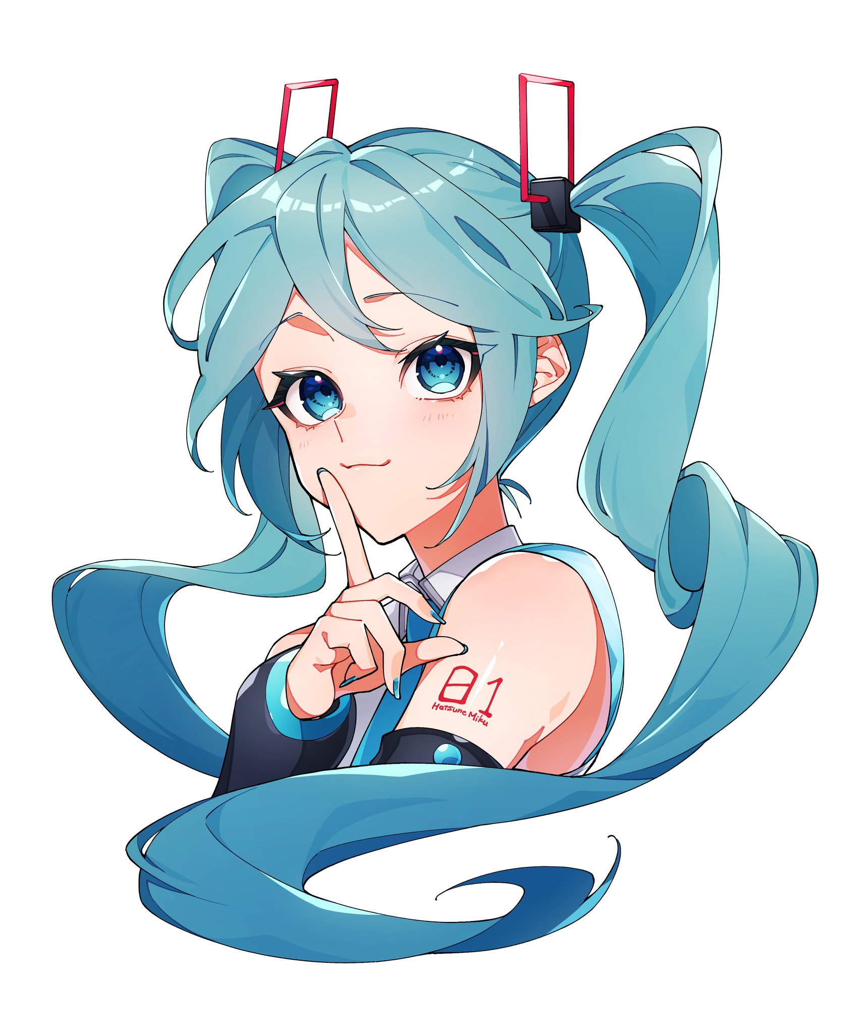 odd (miyoru), hatsune miku, vocaloid, hashtag-only commentary, highres, 1girl, :3, bare shoulders, blue eyes, blue hair, blue necktie, detached sleeves, finger to mouth, index finger raised, long hair, looking at viewer, necktie, number tattoo, shirt, shoulder tattoo, simple background, sleeveless, sleeveless shirt, solo, tattoo, twintails, upper body, white background, white shirt
