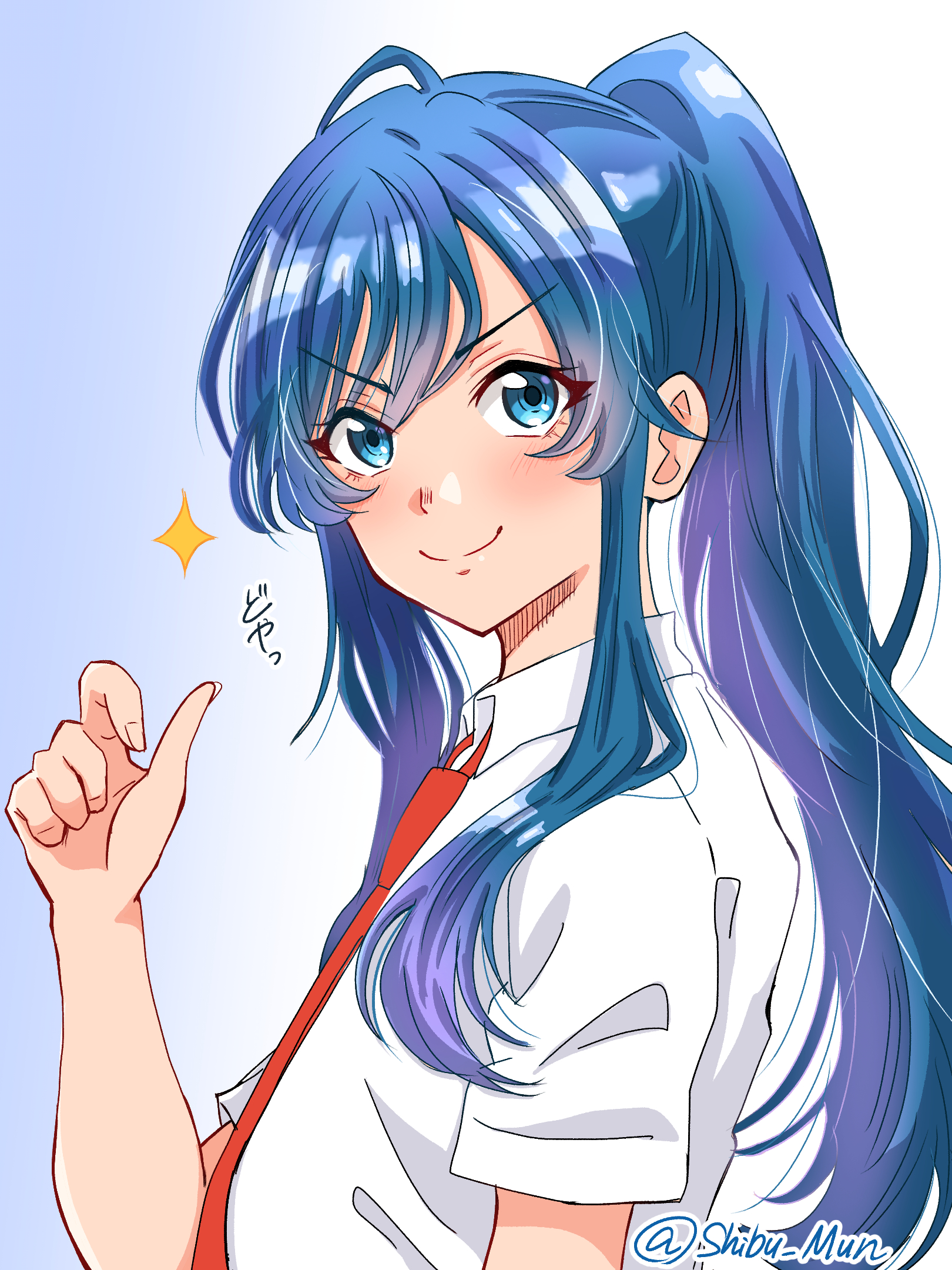 munbato (watari megumi), nanami minami, jaku-chara tomozaki-kun, commentary request, highres, 1girl, artist name, blue eyes, blue hair, closed mouth, collared shirt, long hair, looking at viewer, necktie, ponytail, red necktie, school uniform, shirt, sidelocks, smile, solo, twitter username, upper body, white shirt