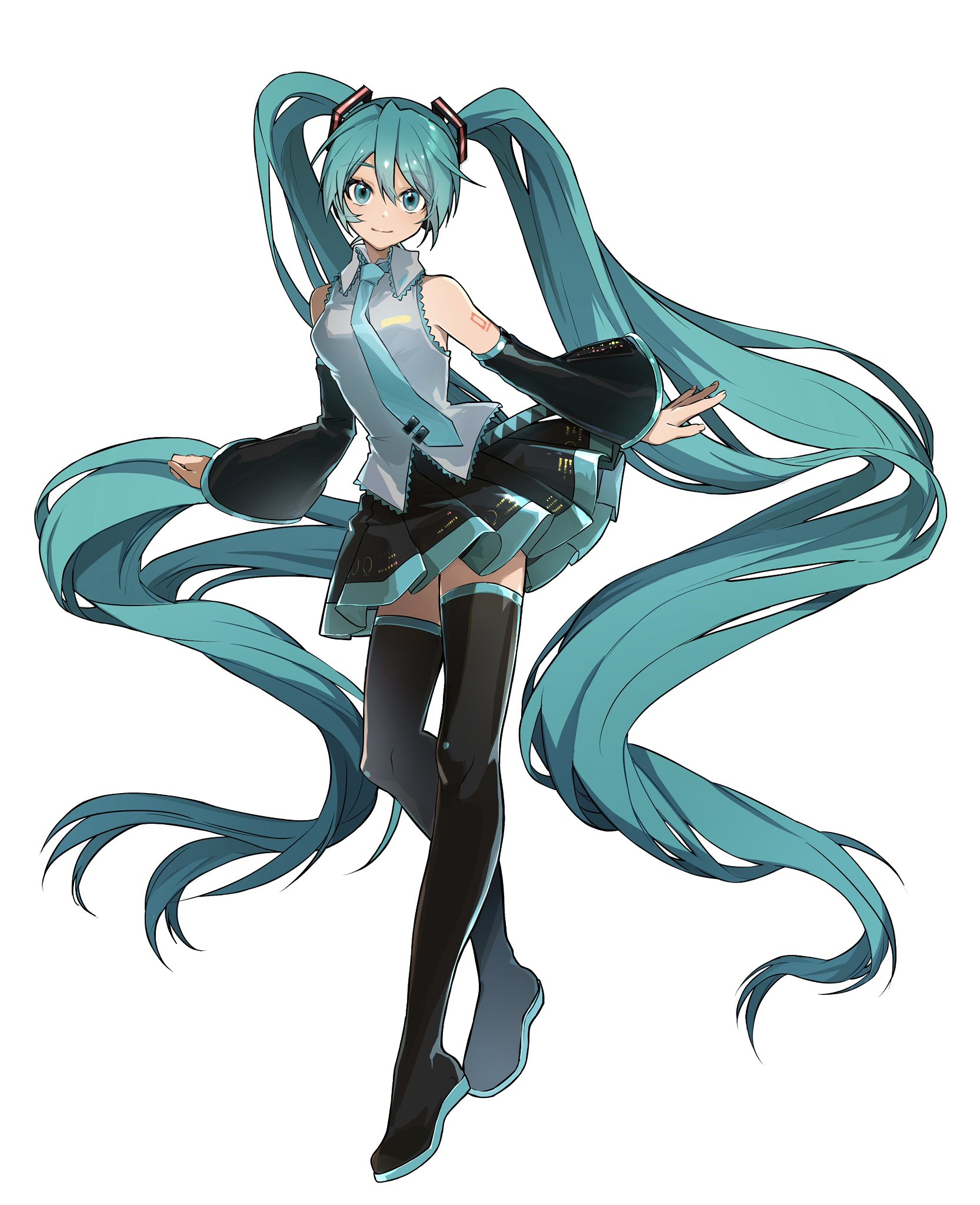 am/g, hatsune miku, vocaloid, commentary, highres, 1girl, aqua eyes, aqua hair, aqua necktie, black boots, black skirt, boots, detached sleeves, full body, hair between eyes, long hair, looking at viewer, necktie, pleated skirt, shirt, shoulder tattoo, simple background, skirt, sleeveless, sleeveless shirt, solo, tattoo, thigh boots, white background, white shirt
