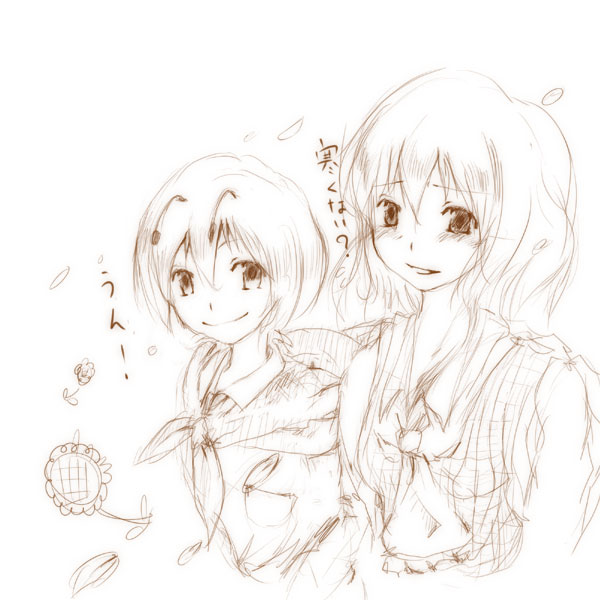 yae (mono110), kazami yuuka, wriggle nightbug, touhou, 2girls, antennae, ascot, brown theme, cape, dress shirt, female focus, flower, monochrome, multiple girls, petals, plaid clothes, plaid vest, shirt, short hair, sketch, smile, sunflower, upper body, vest