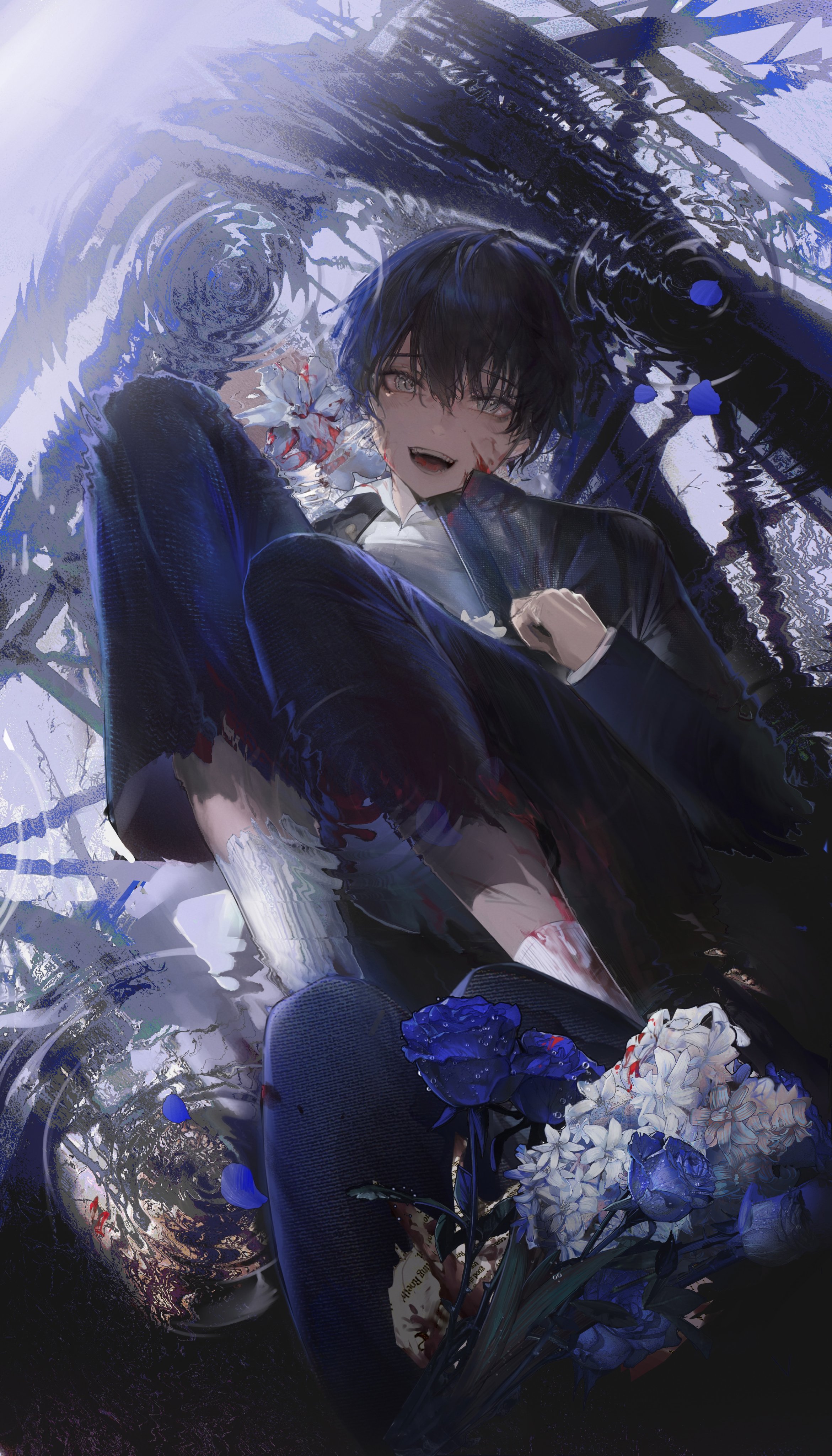 gtcpst, original, absurdres, chinese commentary, highres, 1boy, :d, black hair, black jacket, black pants, black shoes, blood, blood on clothes, blood on face, blood on flower, blue flower, blue rose, capri pants, feet out of frame, flower, grey eyes, hair between eyes, hand up, holding, holding flower, hyacinth, jacket, long sleeves, male focus, open clothes, open collar, open jacket, open mouth, pants, petals, popped collar, pov, puddle, reflection, reflection focus, reflective water, ripples, rose, shirt, shoes, short hair, smile, socks, solo, squatting, teeth, truss, water drop, white flower, white shirt, white socks