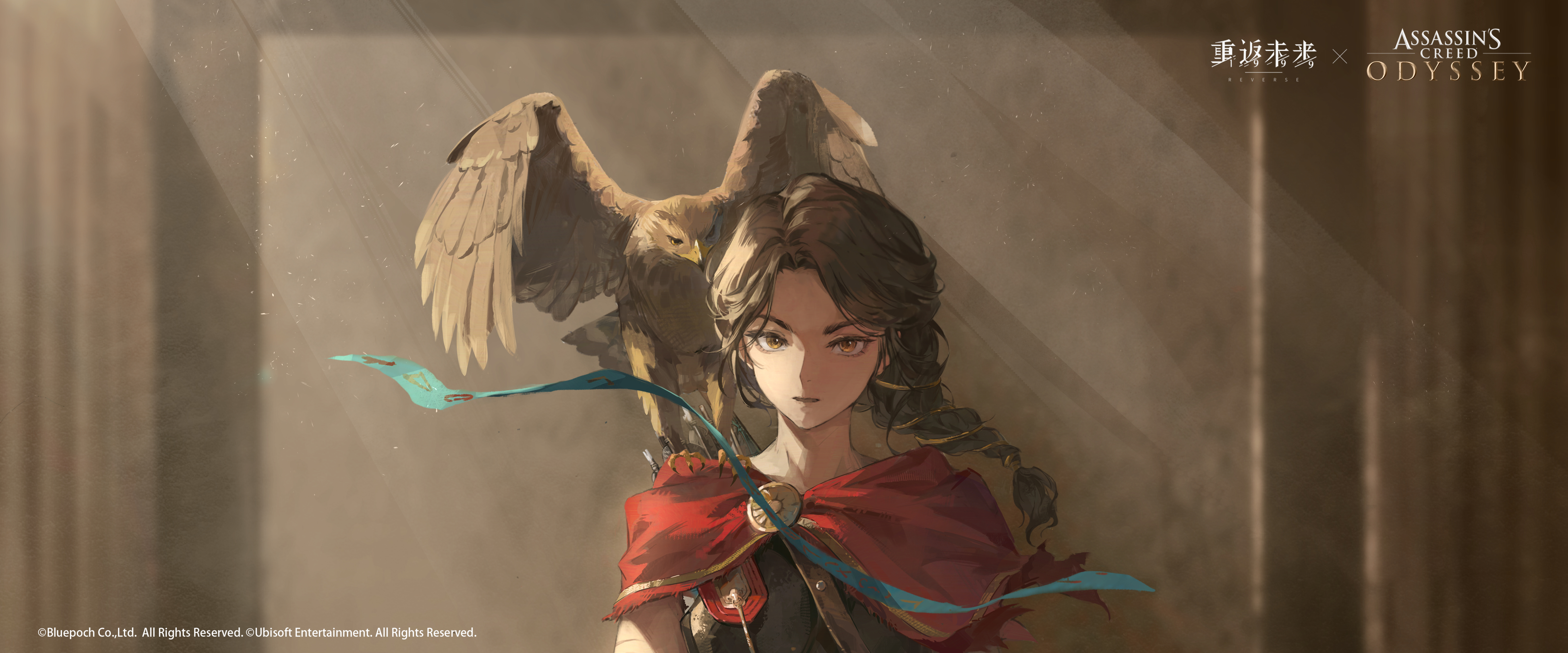 assassin's creed: odyssey, assassin's creed (series), reverse:1999, absurdres, highres, official art, 1girl, animal, animal on shoulder, bird, bird on shoulder, blurry, blurry background, braid, brown eyes, cape, column, copyright name, copyright notice, eagle, greek armor, indoors, kassandra of sparta, logo, long hair, looking at viewer, parted bangs, parted lips, pillar, red cape, sidelighting, single braid, solo, upper body