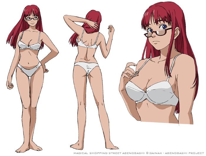 munemune, abenobashi mahou shoutengai, official art, 00s, 1girl, ass, bare shoulders, barefoot, blue eyes, bra, breasts, cleavage, female focus, front and back, full body, glasses, lingerie, long hair, panties, profile, red hair, solo, standing, underwear, underwear only, white bra, white panties