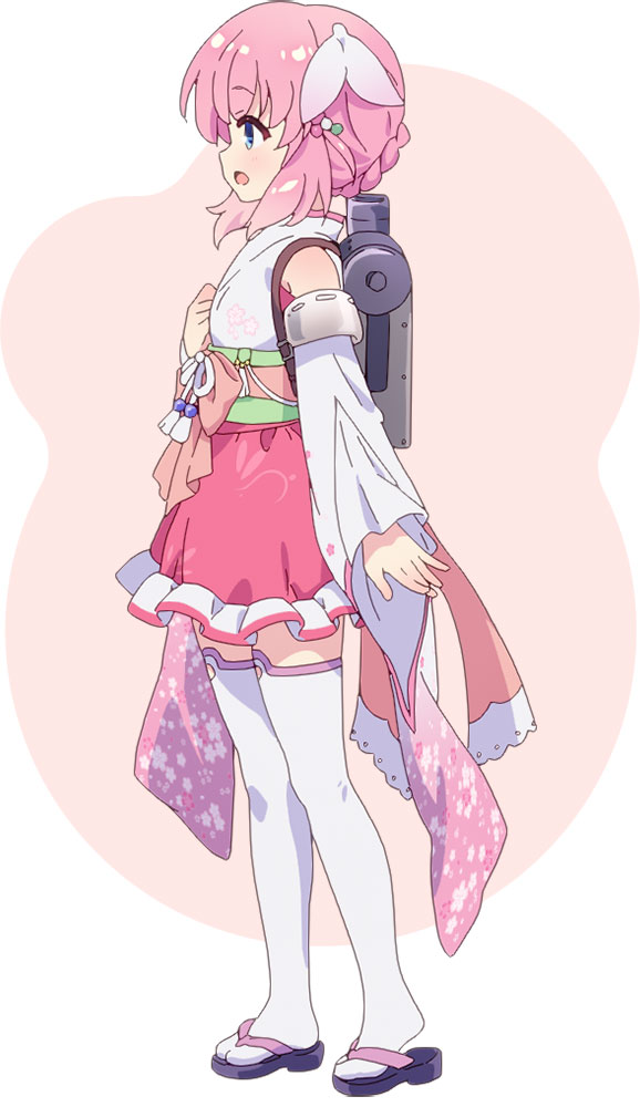 na-ga, haizakura (prima doll), prima doll (anime), official art, 1girl, :o, anime coloring, bare shoulders, black sandals, blue eyes, blush, braid, braided bun, breasts, detached sleeves, from side, full body, hair bun, hair ornament, hand on own chest, hand up, japanese clothes, kimono, long sleeves, obi, open mouth, pink background, pink hair, pink ribbon, profile, ribbon, sandals, sash, short hair, short kimono, sidelocks, small breasts, solo, standing, thighhighs, thighs, two-tone background, white background, white kimono, white thighhighs, wide sleeves, zouri