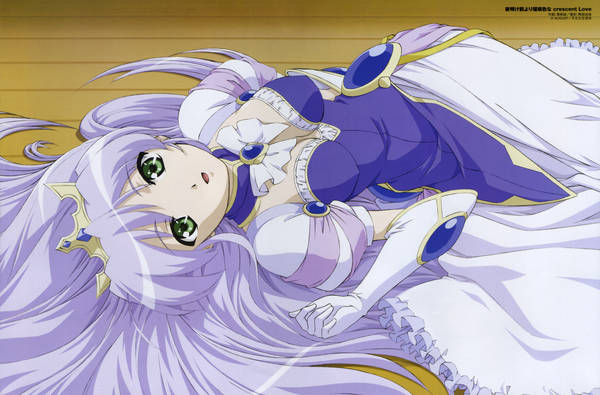 sawazaki makoto, feena fam earthlight, yoake mae yori ruri iro na, silver hair, official art, 1girl, :d, breasts, breasts apart, brooch, cleavage, clenched hand, crown, detached collar, dress, elbow gloves, female focus, frilled dress, frills, gem, gloves, green eyes, hair spread out, indoors, jewelry, long hair, looking at viewer, lying, on back, on floor, open mouth, princess, ribbon, smile, solo, very long hair, wooden floor