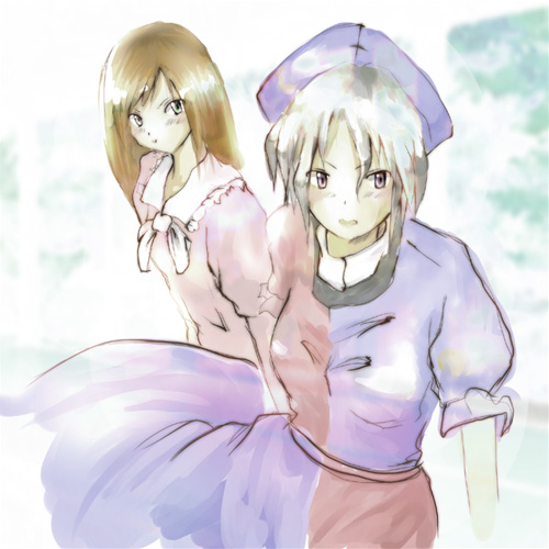 yae (mono110), houraisan kaguya, yagokoro eirin, touhou, lowres, 2girls, female focus, hair between eyes, hat, multiple girls