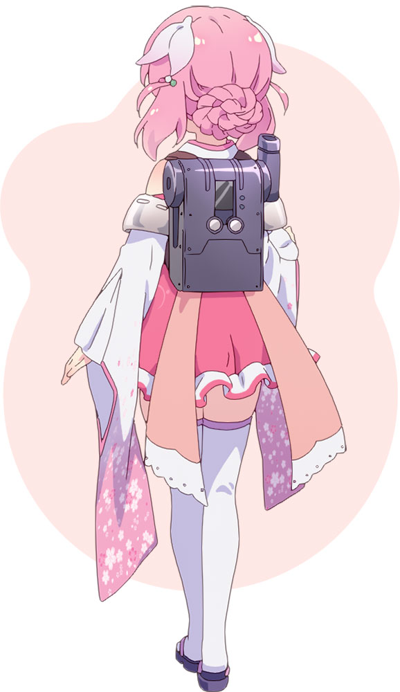 na-ga, haizakura (prima doll), prima doll (anime), official art, 1girl, anime coloring, bare shoulders, black sandals, braid, braided bun, detached sleeves, from behind, full body, hair bun, hair ornament, japanese clothes, kimono, long sleeves, pink background, pink hair, sandals, short hair, short kimono, sidelocks, solo, standing, thighhighs, thighs, two-tone background, white background, white kimono, white thighhighs, wide sleeves, zouri