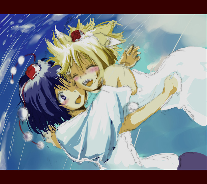 yae (mono110), inubashiri momiji, shameimaru aya, touhou, 2girls, closed eyes, female focus, hat, hug, letterboxed, multiple girls, open mouth, sky, smile