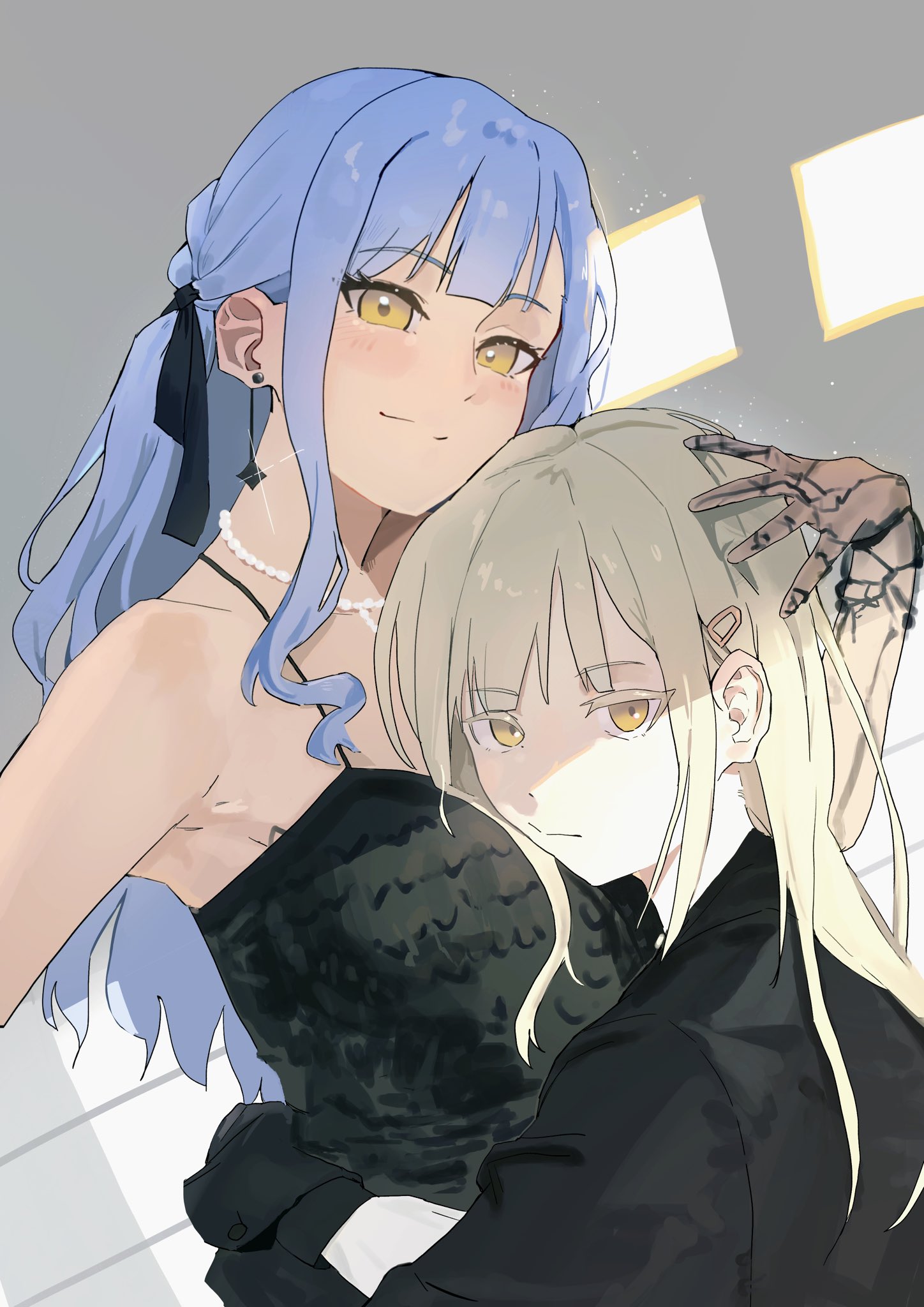nyakiji, togawa sakiko, wakaba mutsumi, bang dream!, bang dream! it's mygo!!!!!, highres, 2girls, bare shoulders, black dress, black shirt, blue hair, closed mouth, dress, gloves, green hair, hair ornament, hair ribbon, hairclip, hand on another's head, hug, lace, lace gloves, long hair, long sleeves, looking at viewer, multiple girls, ribbon, shirt, smile, spaghetti strap, yellow eyes, yuri