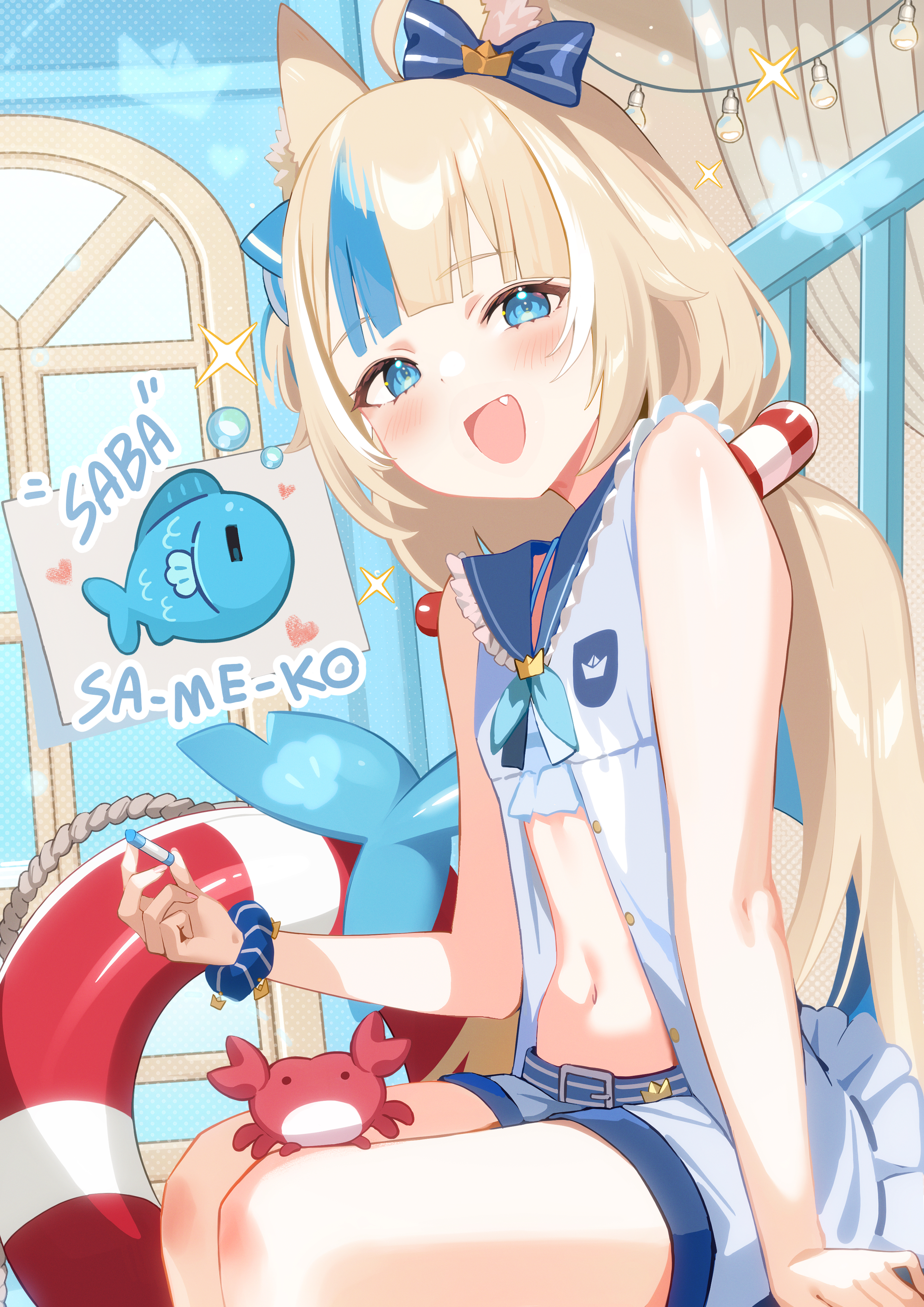 alcoholrang, kaniki (sameko saba), sameko saba, sameko saba (fish), indie virtual youtuber, absurdres, commentary, commentary request, highres, 1girl, :d, ahoge, animal ear fluff, animal ears, animal on leg, bare arms, blonde hair, blue bow, blue eyes, blue hair, blue neckerchief, blue sailor collar, blush, bow, bubble, buttons, cat ears, chalk, character name, collar, crab, curtains, dress, fang, feet out of frame, fins, fish girl, fish tail, flat chest, hair bow, hand rest, heart, holding, holding chalk, legs, lifebuoy, lifebuoy hair ornament, light bulb, long hair, looking at viewer, low twintails, midriff, multicolored hair, navel, neckerchief, open mouth, paper boat, railing, rope, sailor collar, scrunchie, short shorts, shorts, sitting, sleeveless, sleeveless dress, smile, sparkle, stomach, streaked hair, string of light bulbs, swim ring, tail, thighs, tongue, twintails, unbuttoned, very long hair, virtual youtuber, white dress, white shorts, window, wrist scrunchie