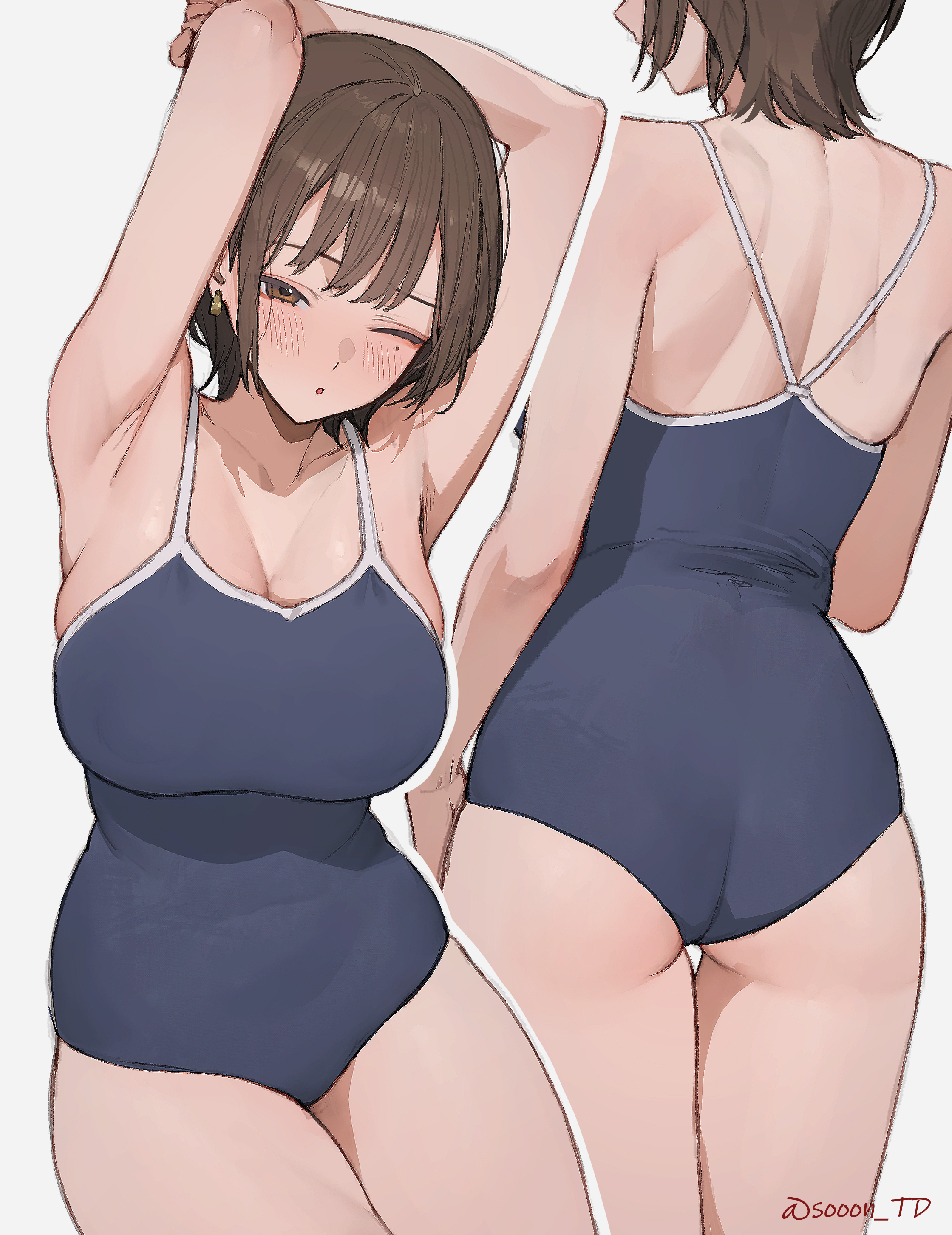 sooon, original, absurdres, commentary request, highres, 1girl, ;o, armpits, arms up, artist name, ass, blue one-piece swimsuit, breasts, brown eyes, brown hair, cleavage, collarbone, large breasts, mole, mole under eye, one-piece swimsuit, one eye closed, simple background, spaghetti strap, standing, swimsuit, thighs, twitter username, watermark, white background