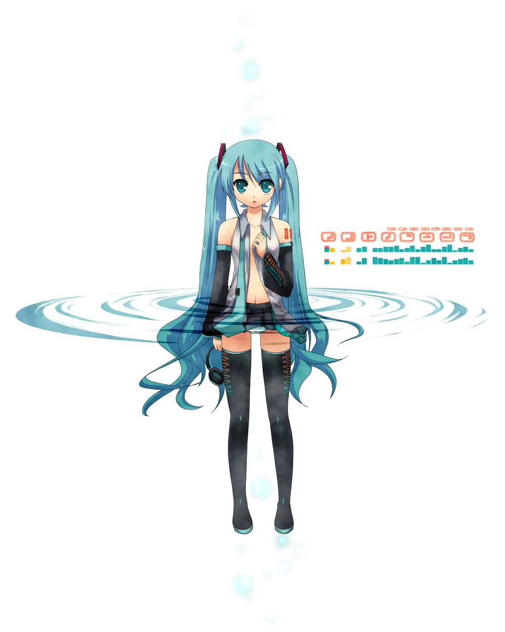 akino sora, hatsune miku, vocaloid, highres, 1girl, aqua eyes, aqua hair, detached sleeves, female focus, green eyes, green hair, headphones, long hair, matching hair/eyes, necktie, open clothes, open shirt, panties, pantyshot, shirt, solo, thighhighs, twintails, underwear, zettai ryouiki