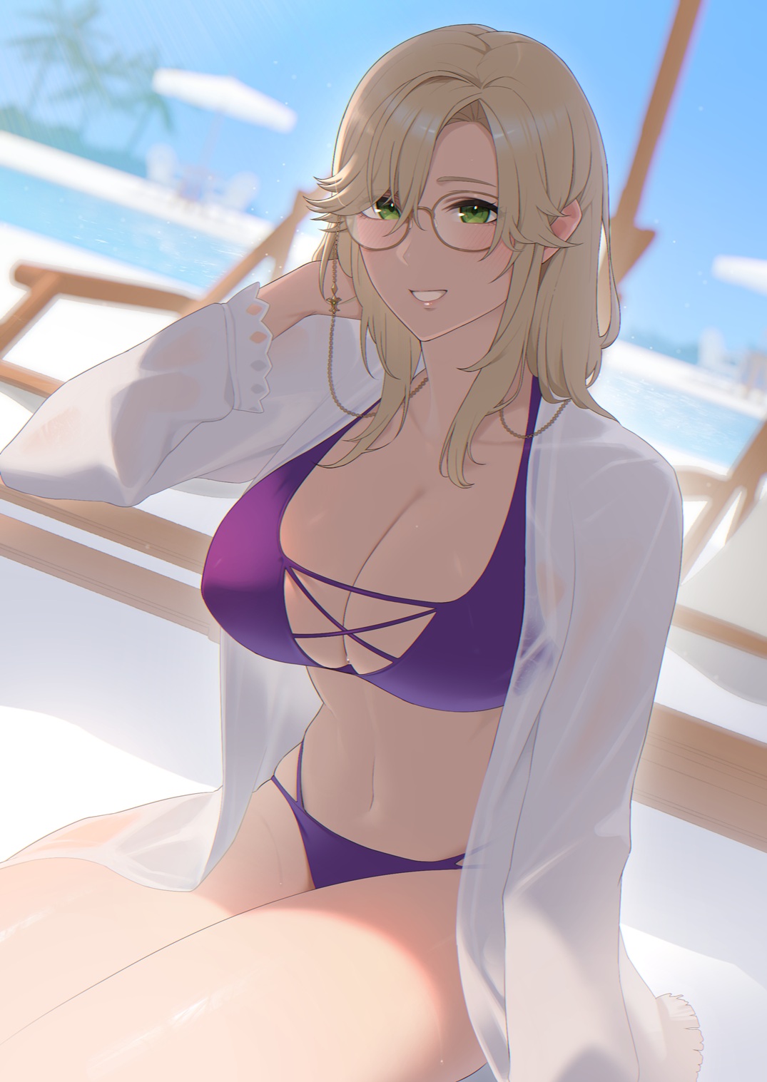 furo atsushi, ade (nikke), goddess of victory: nikke, commentary request, highres, 1girl, arm at side, beach umbrella, bikini, blonde hair, blue sky, blurry, blurry background, blush, breasts, chair, cleavage, collarbone, cowboy shot, cross-laced bikini, cross-laced clothes, day, dutch angle, glasses, green eyes, grin, hair between eyes, hand in own hair, hand up, large breasts, light particles, long hair, long sleeves, looking at viewer, lounge chair, multi-strapped bikini bottom, navel, on ground, open clothes, open shirt, outdoors, palm tree, parted lips, pool, purple bikini, see-through clothes, see-through shirt, shade, shirt, sitting, sky, smile, solo, stomach, sweat, swimsuit, swimsuit cover-up, tree, umbrella, water, white shirt, yellow-framed eyewear