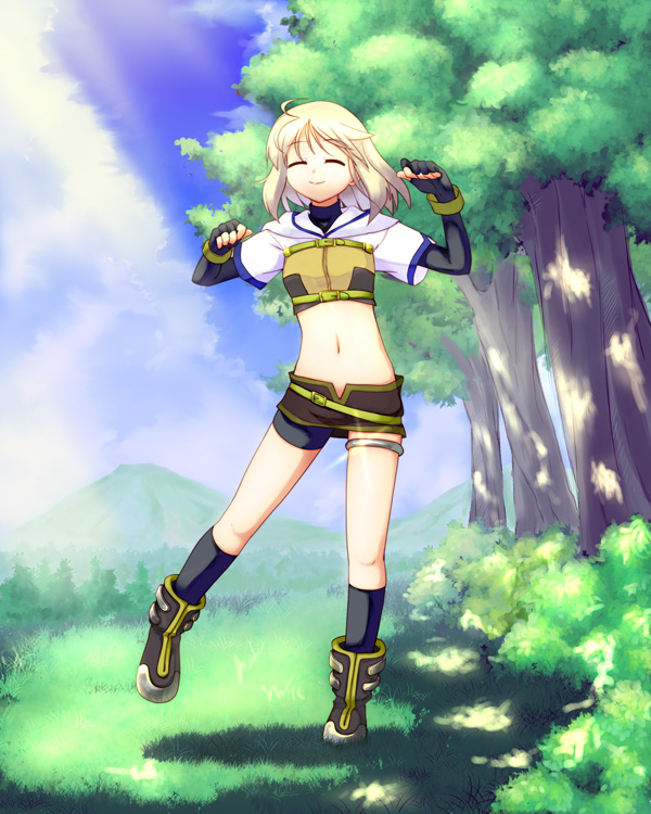 akino sora, hunter (ragnarok online), ragnarok online, blonde hair, closed eyes, cloud, day, forest, hunter, light rays, midriff, nature, navel, short hair, shorts, sky, solo, sunbeam, sunlight, tree