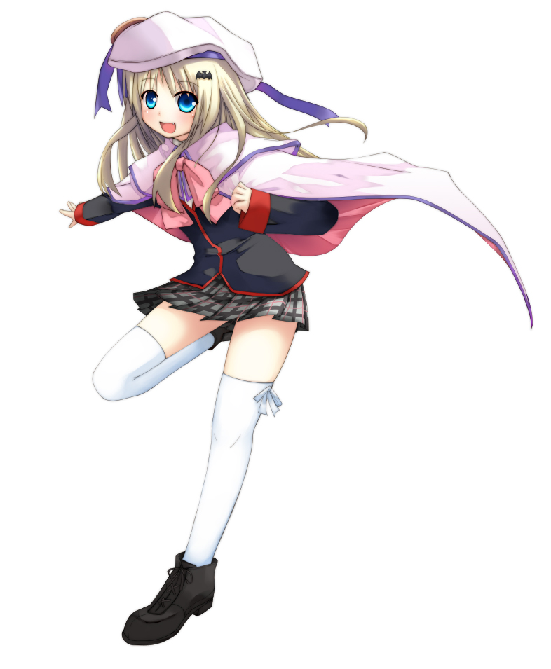 akino sora, noumi kudryavka, little busters!, 1girl, blonde hair, blue eyes, bow, cape, fang, female focus, hat, long hair, pink bow, plaid clothes, plaid skirt, school uniform, serafuku, skirt, solo, thighhighs, zettai ryouiki