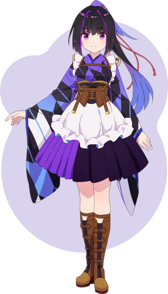 fuzichoco, karasuba (prima doll), prima doll (anime), official art, 1girl, anime coloring, apron, black hair, blush, boots, breasts, brown boots, brown corset, closed mouth, colored inner hair, corset, eyeliner, full body, japanese clothes, kimono, large breasts, long hair, long sleeves, looking at viewer, makeup, multicolored hair, pleated skirt, ponytail, purple background, purple eyeliner, purple eyes, purple hair, purple kimono, purple skirt, sidelocks, skirt, smile, solo, standing, streaked hair, two-tone background, white background, wide sleeves