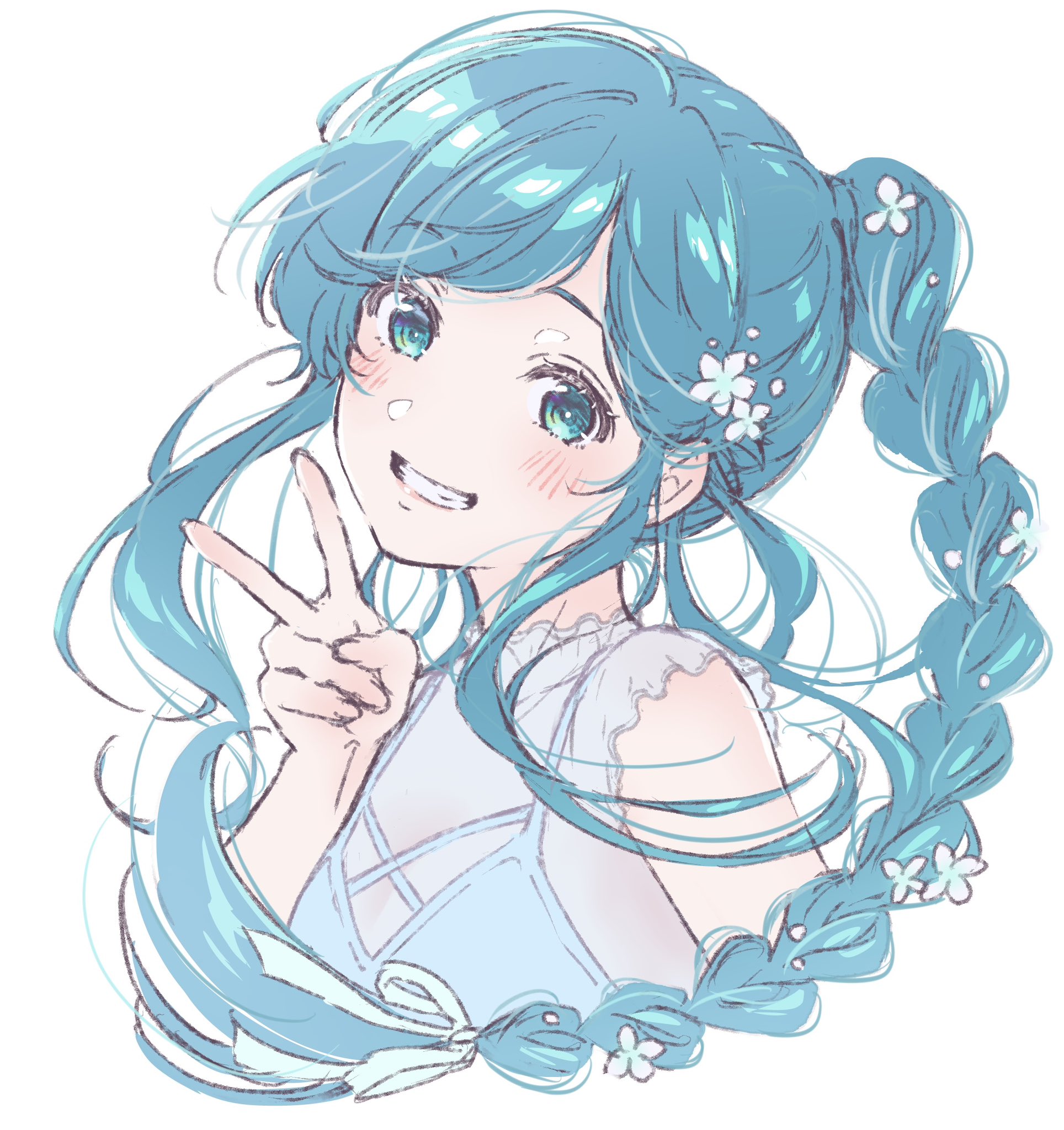 yano akane, nanami minami, jaku-chara tomozaki-kun, commentary request, highres, 1girl, aqua eyes, aqua hair, braid, cropped torso, flower, grin, hair flower, hair ornament, long hair, looking at viewer, single braid, sleeveless, smile, solo, v, white background, white flower