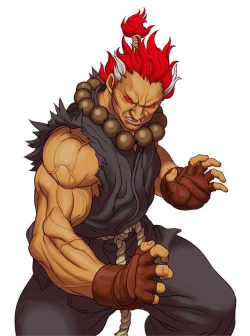 yamamiya hiroshi, akuma (street fighter), capcom, street fighter, 1boy, beads, bosnoheya, fighting stance, fingerless gloves, gloves, male focus, multicolored hair, muscular, ponytail, prayer beads, red eyes, red hair, rope, solo, two-tone hair, white hair