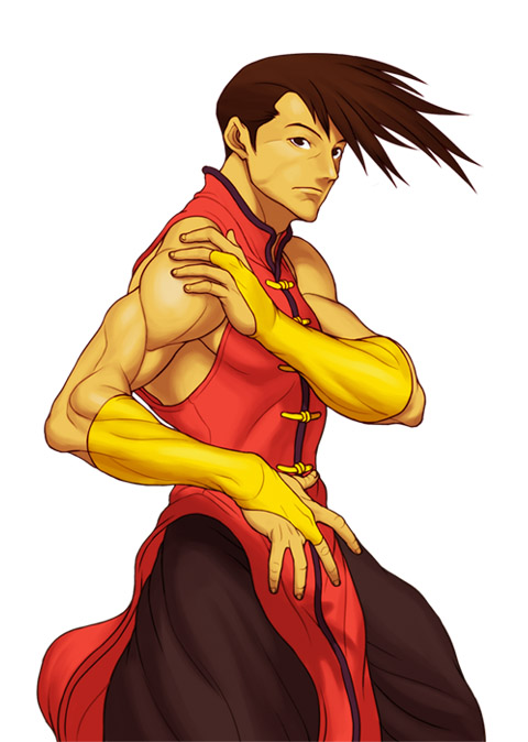 yamamiya hiroshi, yang lee, capcom, street fighter, street fighter iii (series), 1boy, bosnoheya, bridal gauntlets, brown hair, male focus, muscular, simple background, solo