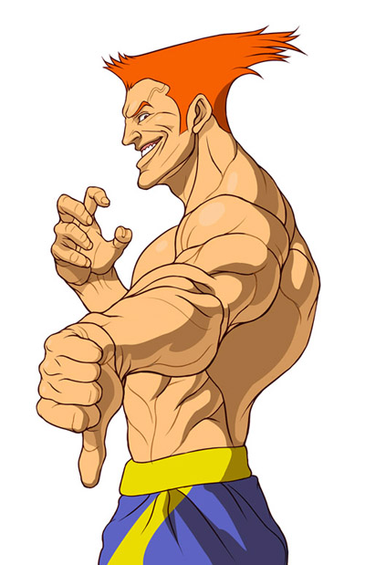 yamamiya hiroshi, adon (street fighter), capcom, street fighter, street fighter zero (series), 1990s (style), 1boy, bosnoheya, grin, male focus, muscular, orange hair, smile, solo, thumbs down, topless male, white background