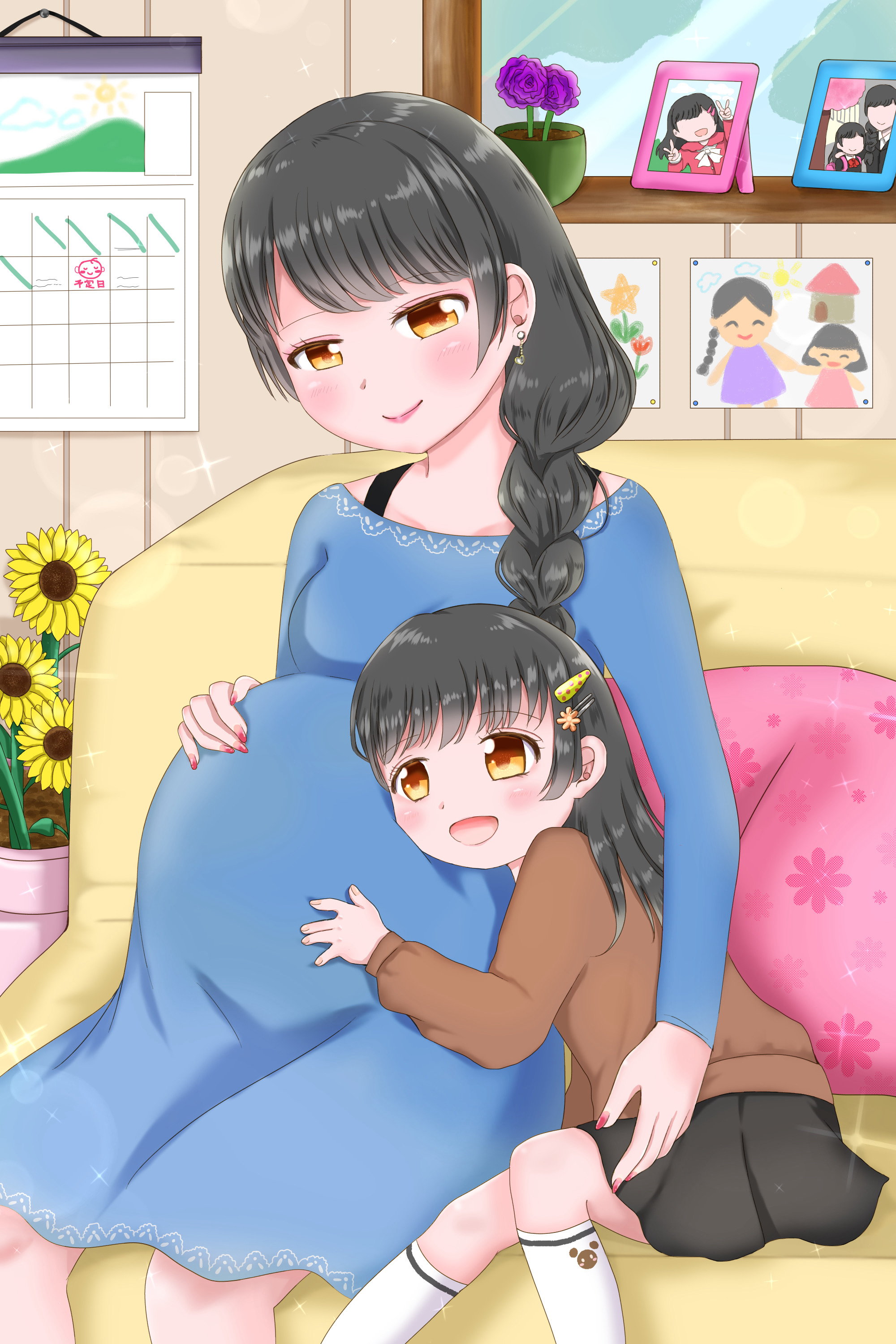 2girls, black hair, black skirt, blue dress, brown eyes, dress, mother and daughter, multiple girls, pregnant, skirt, window