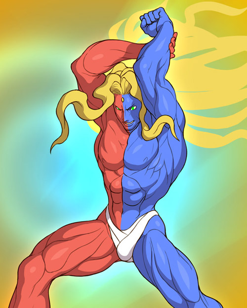 yamamiya hiroshi, gill (street fighter), capcom, street fighter, street fighter iii (series), 1boy, abs, arms up, blonde hair, blue skin, bosnoheya, colored skin, facial mark, forehead mark, green eyes, long hair, male focus, muscular, red skin, solo, stretching