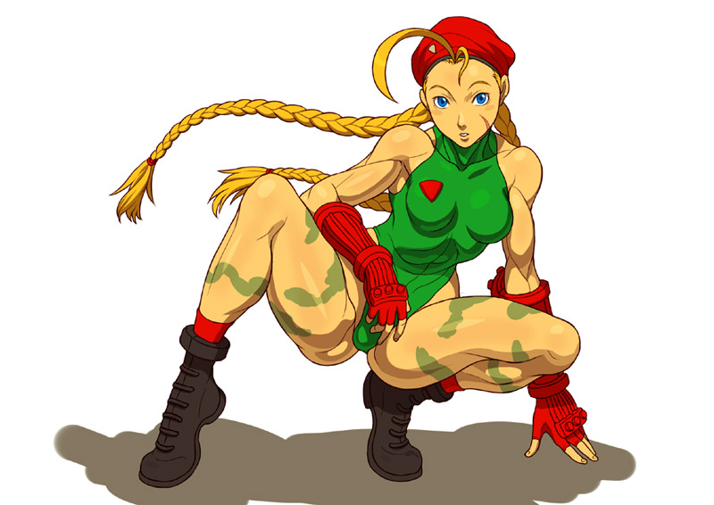 yamamiya hiroshi, cammy white, capcom, street fighter, 1girl, antenna hair, beret, blonde hair, blue eyes, bodypaint, boots, bosnoheya, braid, breasts, camouflage, female focus, fingerless gloves, gloves, hat, leotard, long hair, military, muscular, simple background, solo, squatting, twin braids