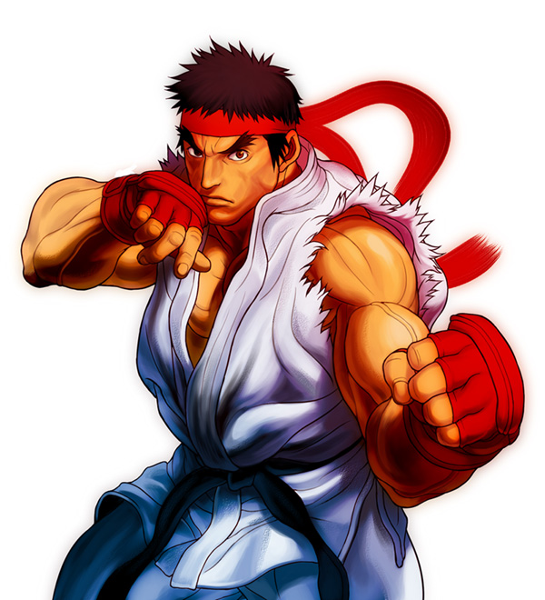yamamiya hiroshi, ryu (street fighter), capcom, street fighter, 1boy, bosnoheya, brown hair, clenched hands, fighting stance, headband, looking at viewer, male focus, muscular, serious, simple background, solo