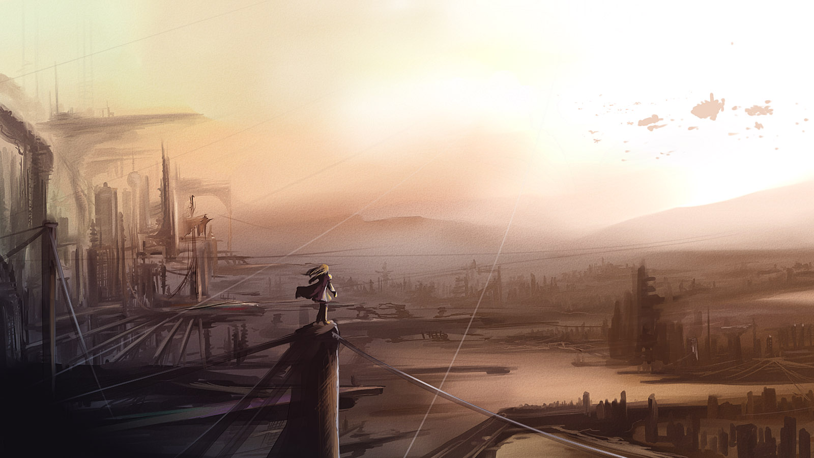 isobe toast, original, bad id, highres, painttool sai (medium), 1girl, female focus, scenery, solo, spacecraft