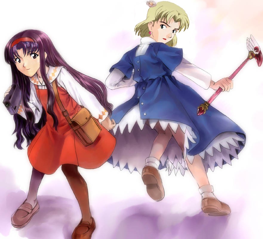 mutsuki (moonknives), akagi ritsuko, daidouji tomoyo, katsuragi misato, kinomoto sakura, cardcaptor sakura, neon genesis evangelion, baton, third-party edit, 1990s (style), 2girls, aged down, brown hair, camera, crossover, green eyes, hairband, long hair, multiple girls, purple eyes, purple hair, short hair