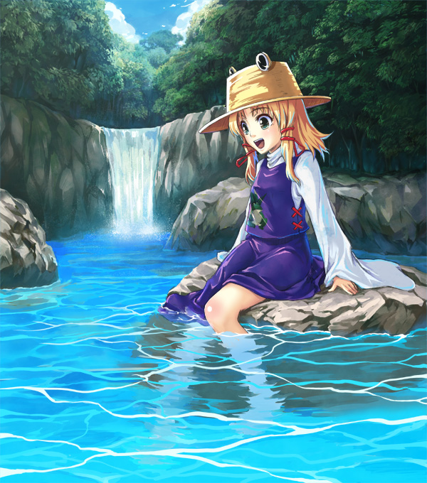 satori, satori (transient wind), moriya suwako, touhou, 1girl, arms at sides, blouse, day, female focus, forest, full body, hat, nature, outdoors, plant, river, shirt, sitting, skirt, sky, solo, water, waterfall, white shirt