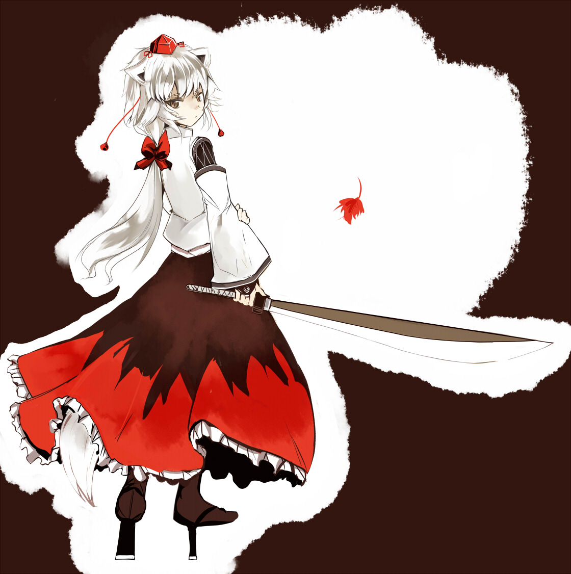 takaharu, inubashiri momiji, touhou, 1girl, female focus, geta, long skirt, ponytail, skirt, solo, sword, tengu, tengu-geta, weapon, wolf ears