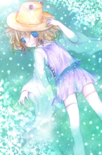 kasuga sunao, moriya suwako, touhou, 1girl, blonde hair, blue eyes, blush, dress, extra eyes, female focus, hat, long sleeves, looking at viewer, purple dress, short hair, solo, sweater, thighhighs, white thighhighs, zettai ryouiki