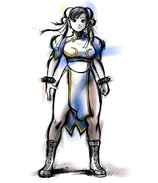 side (sideblog), chun-li, capcom, street fighter, 1girl, boots, bracelet, bun cover, china dress, chinese clothes, double bun, dress, earrings, female focus, hair bun, jewelry, legs, loincloth, pantyhose, ribbon, sketch, solo, spiked bracelet, spikes