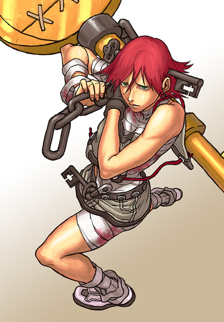 yamamiya hiroshi, a.b.a, paracelsus (guilty gear), arc system works, guilty gear, homunculus, bandages, blood, bosnoheya, chain, fingerless gloves, gloves, green eyes, key, key in head, object through head, red hair, short hair, shorts, solo