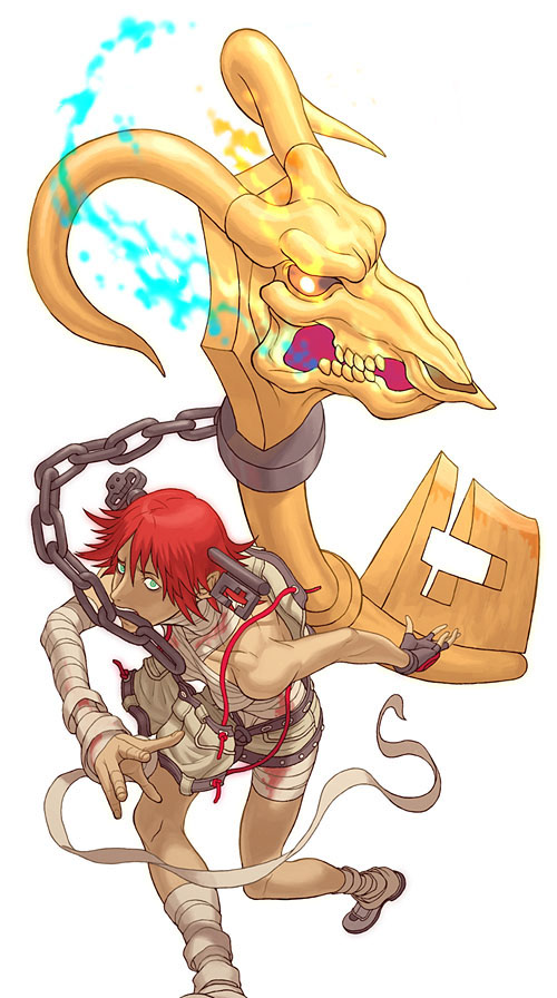 yamamiya hiroshi, a.b.a, paracelsus (guilty gear), arc system works, guilty gear, homunculus, 1girl, bandages, blood, bosnoheya, chain, female focus, fingerless gloves, gloves, green eyes, key, key in head, mouth hold, object through head, red hair, sarashi, short hair, shorts, simple background, solo, white background