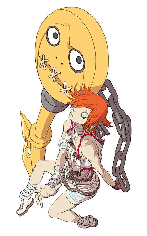 yamamiya hiroshi, a.b.a, paracelsus (guilty gear), arc system works, guilty gear, homunculus, bandages, blood, bosnoheya, chain, fingerless gloves, gloves, hair over one eye, key, key in head, object through head, orange hair, red hair, sarashi, short hair, shorts, solo