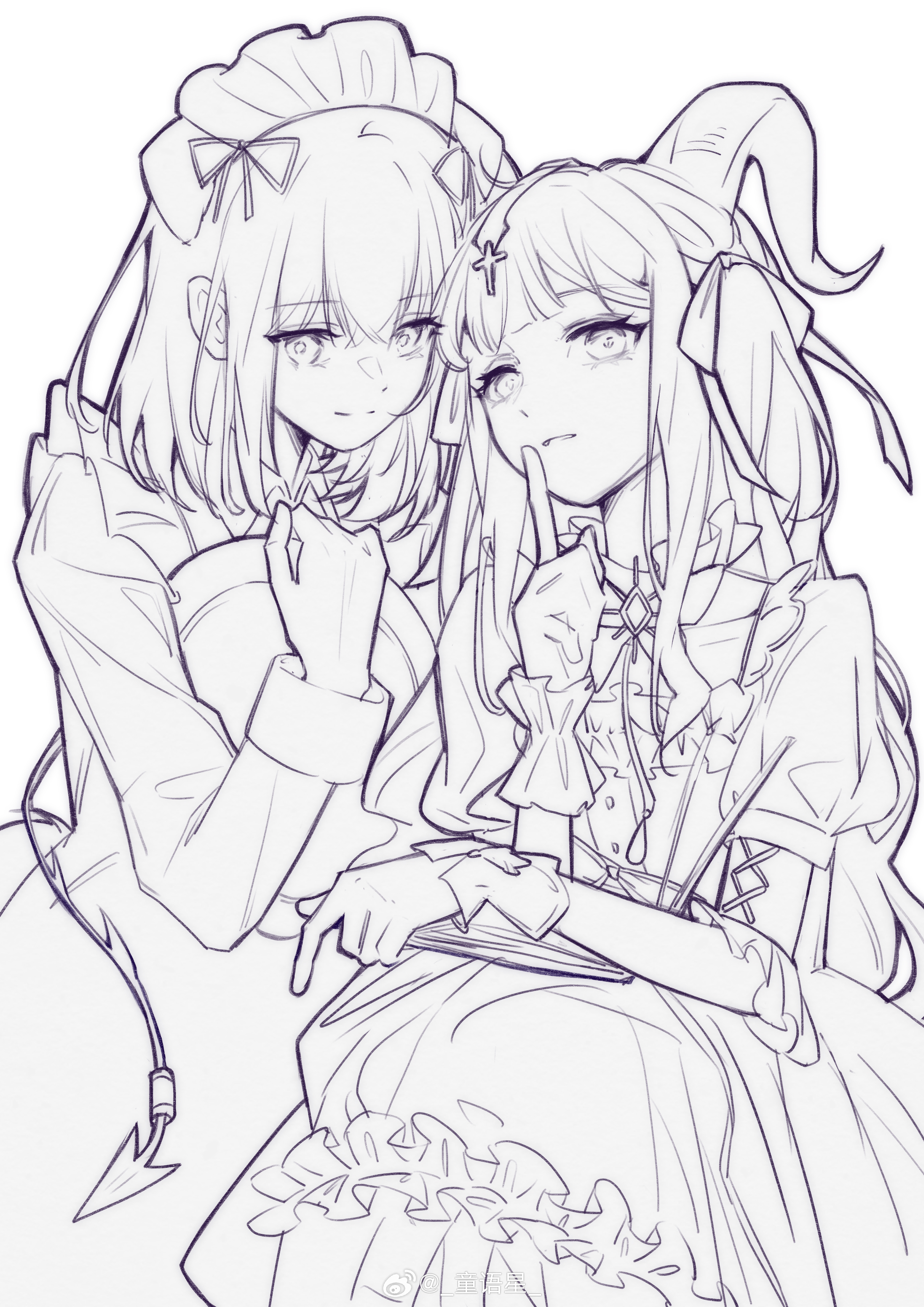 misumi uika, togawa sakiko, arknights, bang dream!, bang dream! it's mygo!!!!!, absurdres, chinese commentary, commentary request, highres, 2girls, animal ears, closed mouth, cross, curled horns, demon horns, demon tail, dog ears, dog girl, dress, finger to mouth, gloves, hair between eyes, hair ribbon, holding, holding tray, horns, index finger raised, kemonomimi mode, long hair, long sleeves, looking at viewer, maid, maid headdress, misumi uika (caged singer), monochrome, multiple girls, official alternate costume, puffy short sleeves, puffy sleeves, ribbon, short sleeves, shushing, sidelocks, simple background, sitting, smile, standing, tail, togawa sakiko (master of melodia), tong yu xing, tray, white background