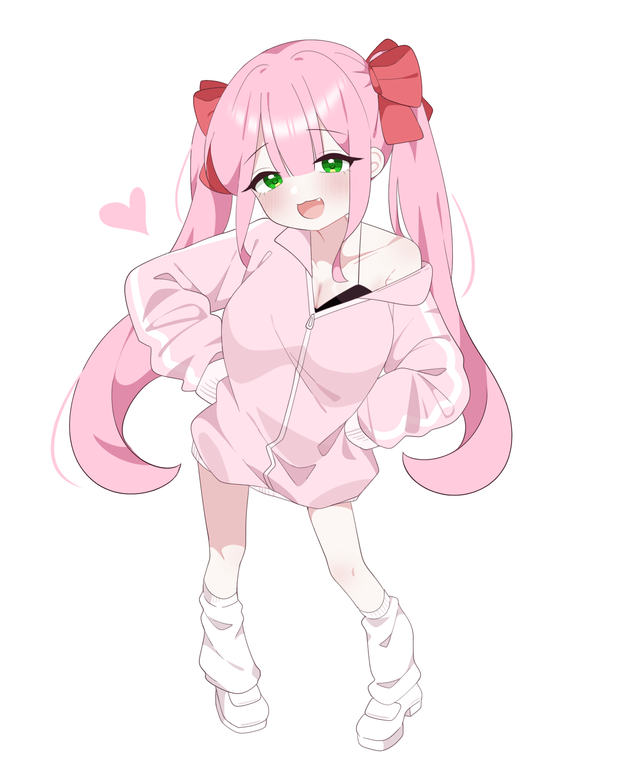 lattes2, original, absurdres, highres, 1girl, black camisole, blush, bow, breasts, camisole, full body, green eyes, hair bow, hands on own hips, heart, jacket, large breasts, long hair, looking at viewer, open mouth, oversized clothes, pink jacket, red bow, simple background, single bare shoulder, smile, solo, spoken heart, track jacket, twintails, white background